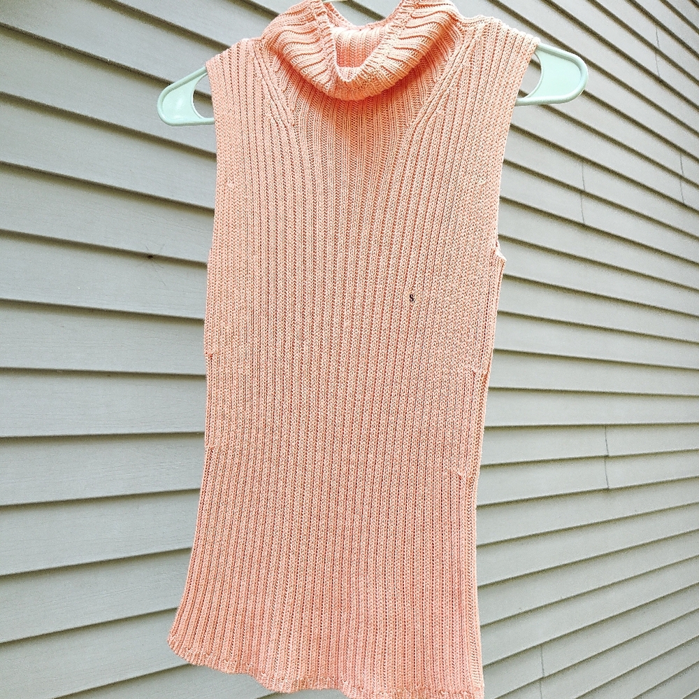 Peach Orange Sleeveless Mock Neck Top Ribbed Knit Pastel Vintage Small